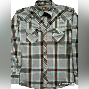 Wrangler Retro Western Shirt Mens XL Pearl Snap Long Sleeve Aqua Blue Gray Plaid